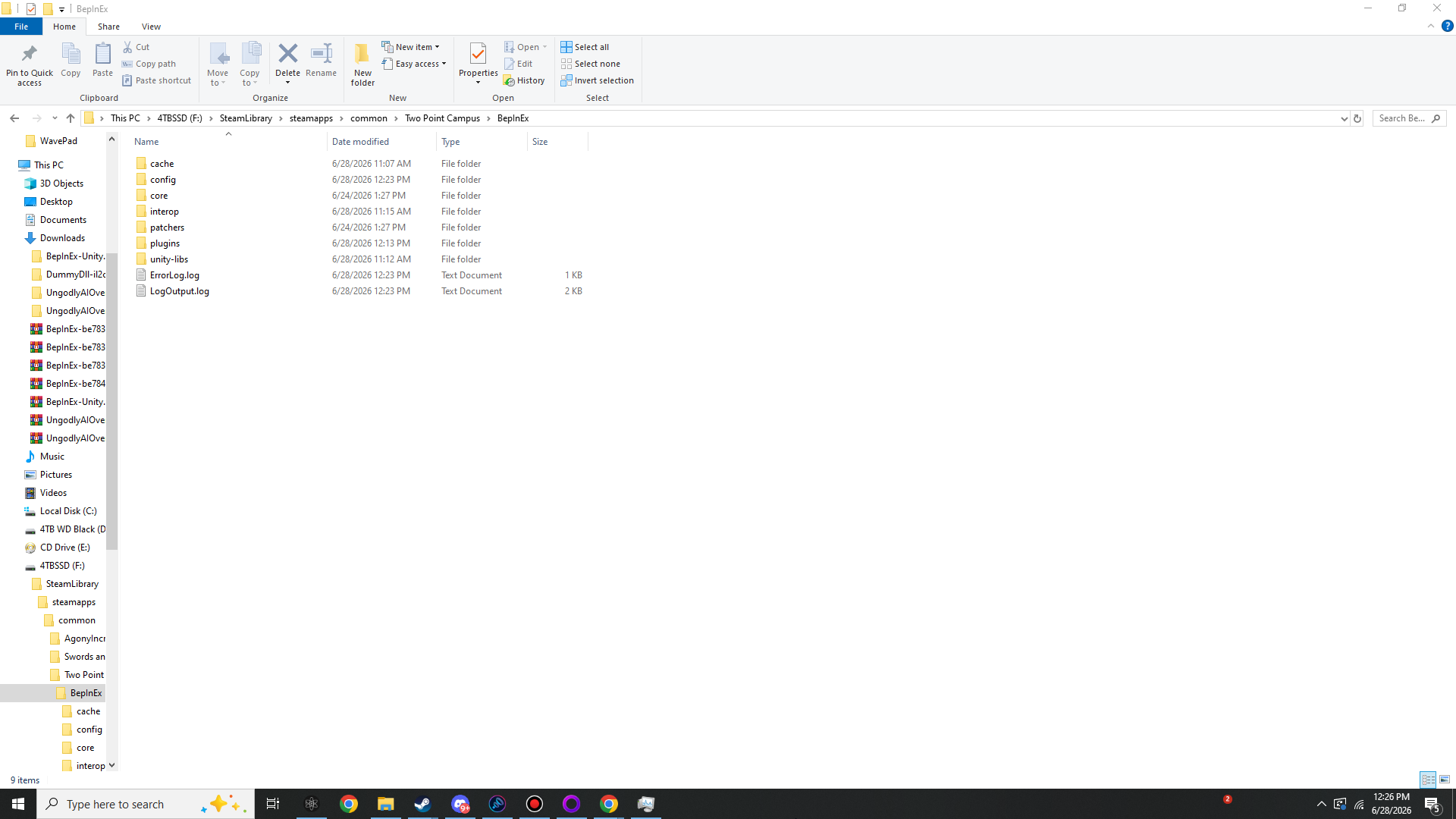 Inside the BepInEx folder showing cache, config, core, interop, patchers, plugins and unity-libs subfolders plus the generated log files
