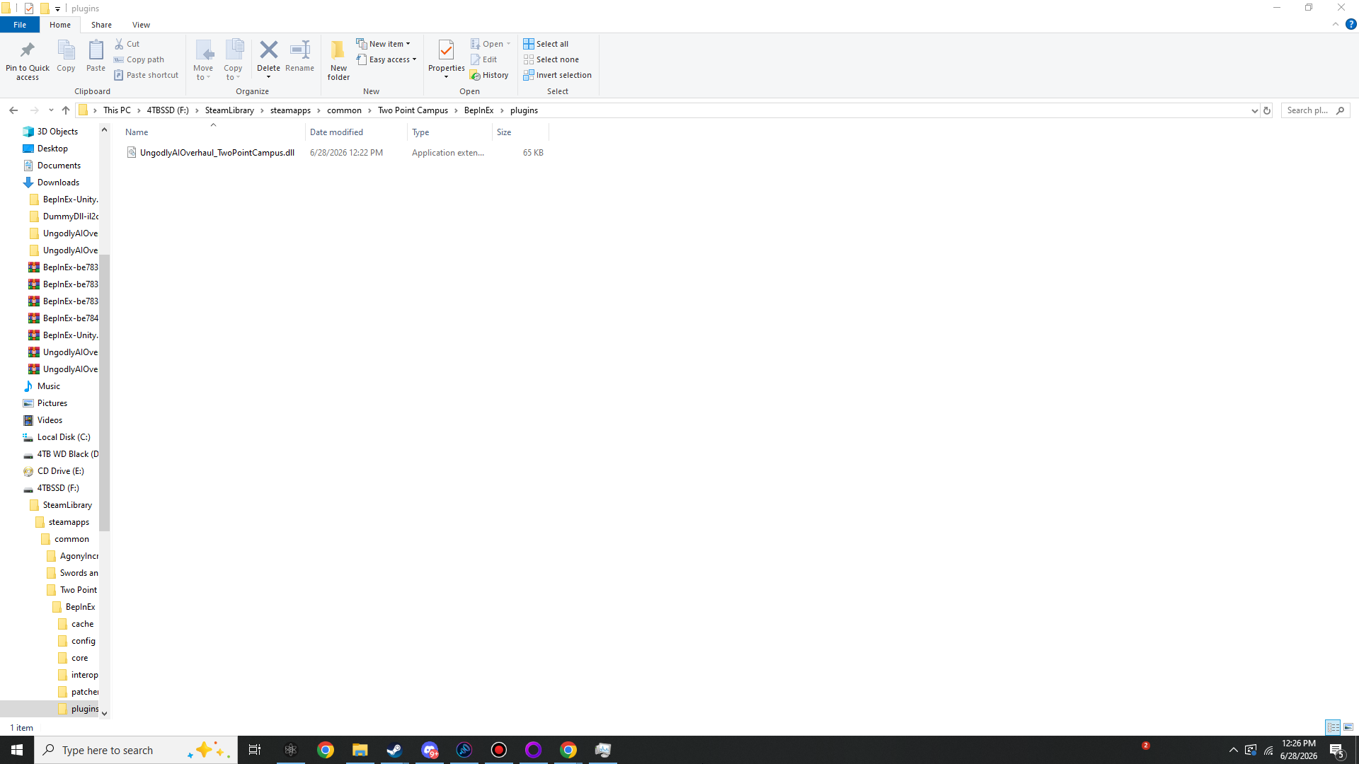 The BepInEx plugins folder containing UngodlyAIOverhaul_TwoPointCampus.dll