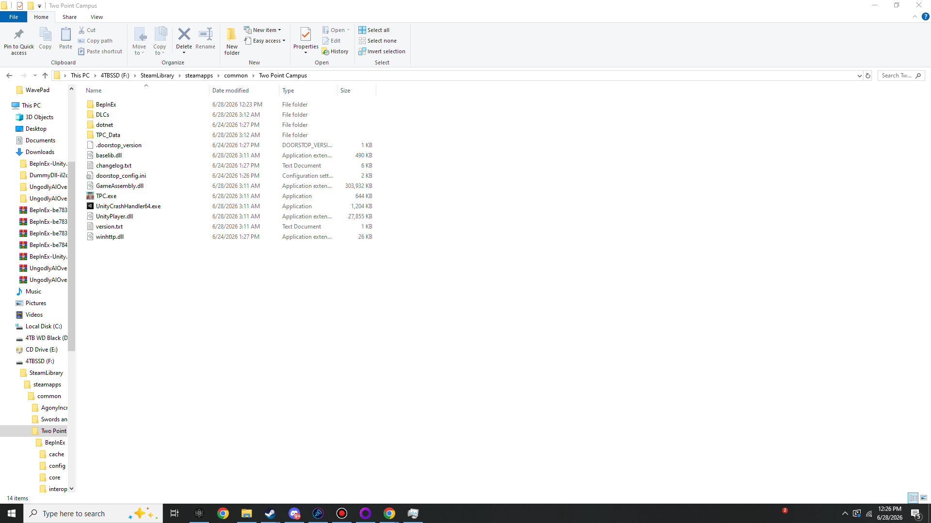 Two Point Campus root folder after BepInEx is installed, showing the BepInEx and dotnet folders alongside TPC.exe and winhttp.dll