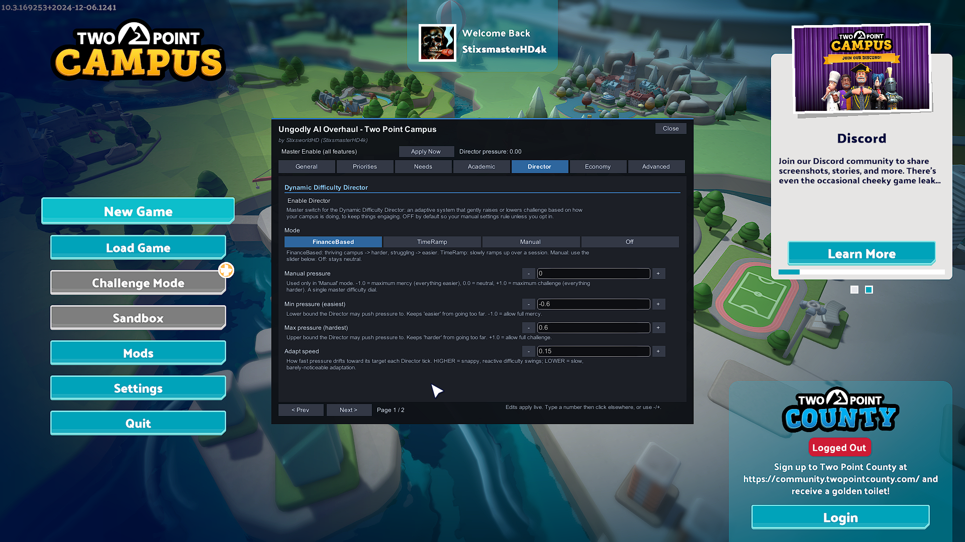 The in-game Ungodly AI Overhaul configuration window open on the main menu, showing the Director tab and the Dynamic Difficulty Director settings